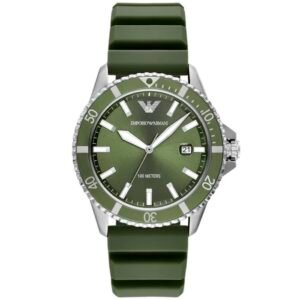 The AR11638 Emporio Armani World Explorer Three-Hand Date Green Silicone Watch.