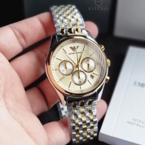 AR11603 is the Emporio Armani Men's Quartz Two-Tone Stainless Steel Champagne Dial 41mm Watch.