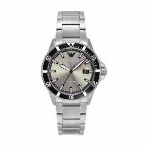 the Emporio Armani World Explorer Three-Hand Date Stainless Steel Watch (Model: AR11683).