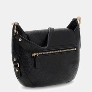 GUESS Marsha Flap Shoulder Bag in black. It is crafted from a pebbled faux-leather outer,