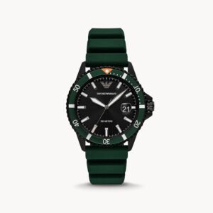 Emporio Armani Three-Hand Date Green Silicone Watch (Model: AR11464). It is also widely known as part of the Green Story Diver collection.